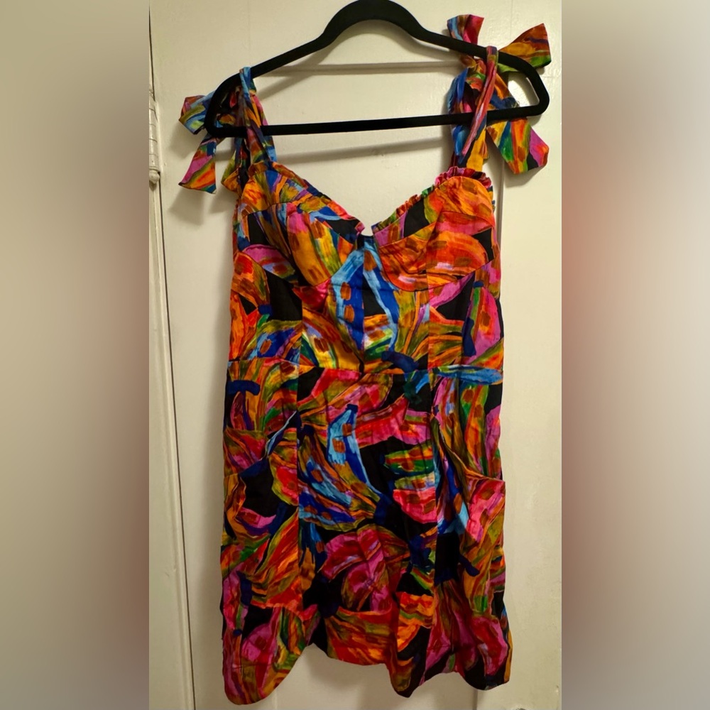 FARM Rio Painterly Tie-Shoulder Mini Dress - Orange, Pink, Blue, Green, Black